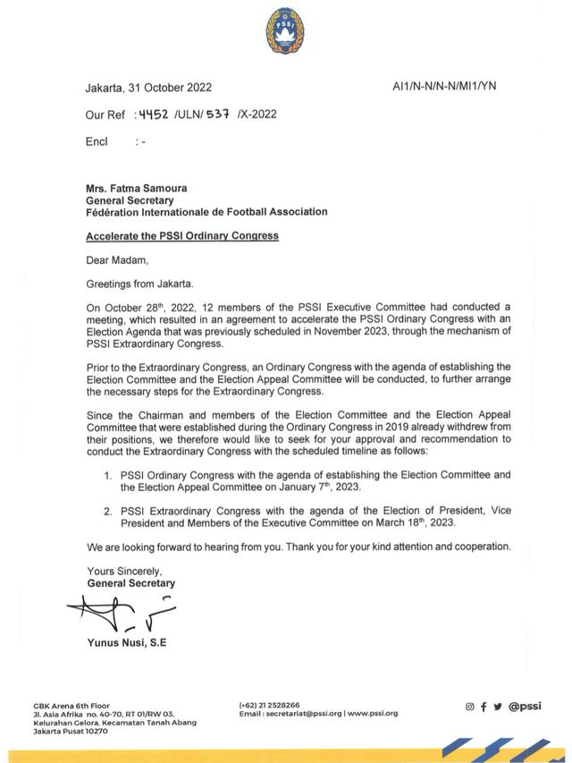 Surat PSSI kepada FIFA terkait KLB.