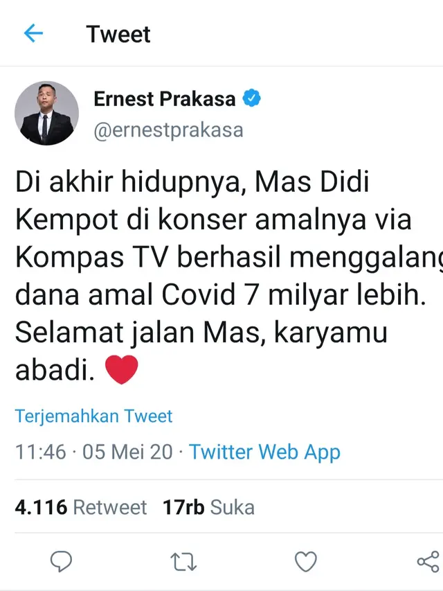 Cuitan Ernest Prakasa. (Foto: Twitter @ernestprakasa)