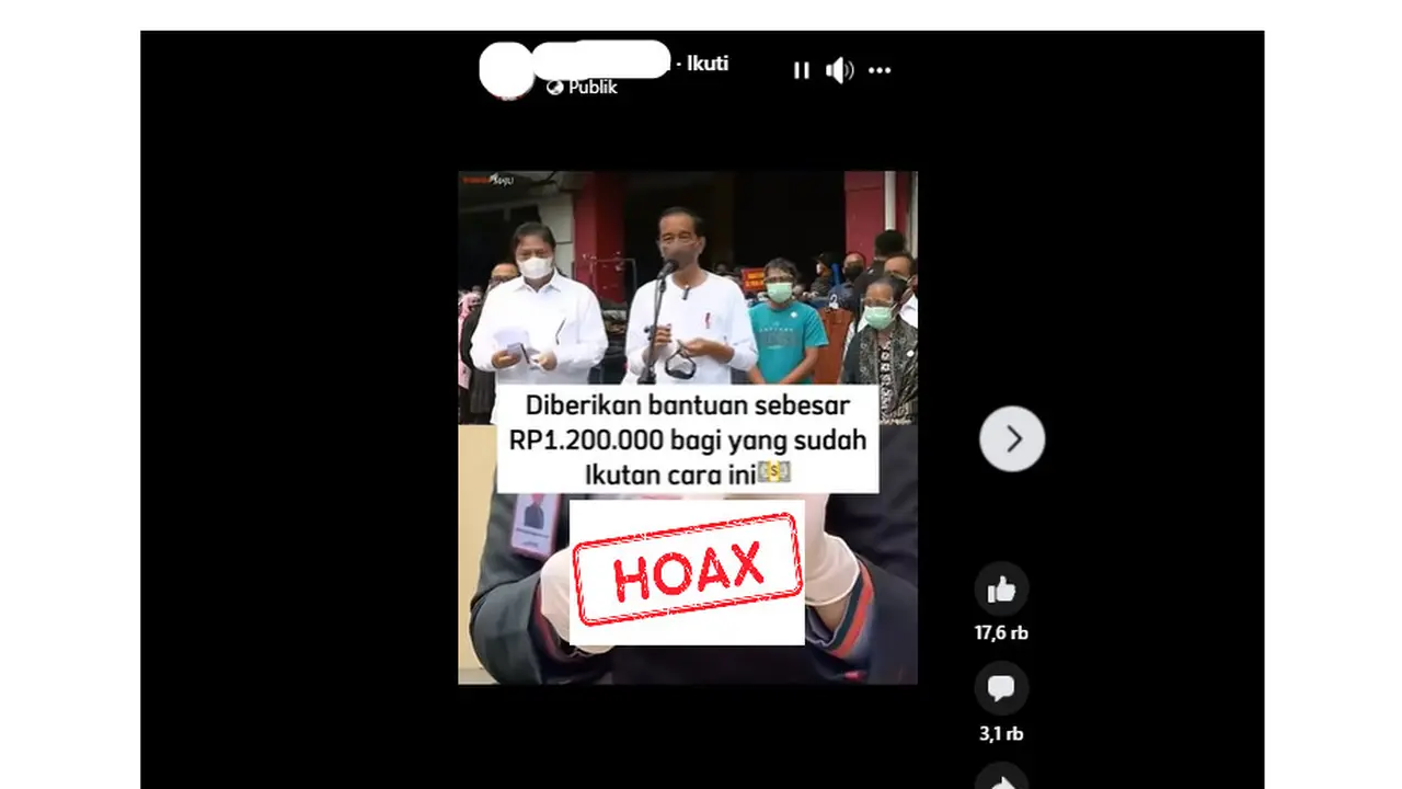 Tangkapan layar hoaks seputar bantuan yang diunggah akun Facebook