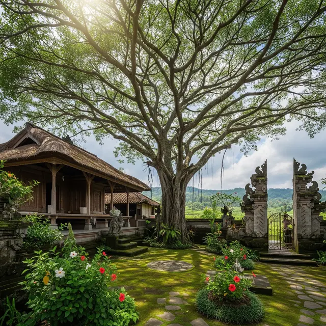 Rumah Desa dengan Pohon Besar di Tengah Halaman (Gemini AI)