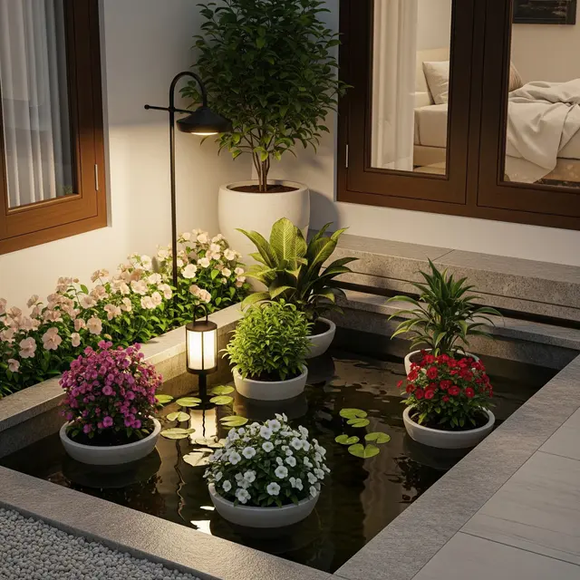 Kolam Mini yang Menyatu dengan Pot Tanaman (AI Generated)