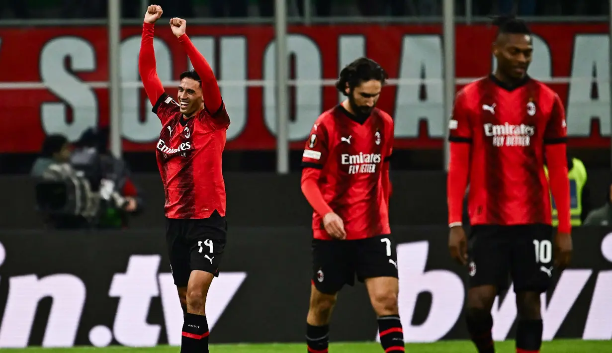 Menang 4-2 di leg pertama menjadi modal penting bagi AC Milan yang akan menjalani laga tandang leg kedua 16 Besar Liga Europa 2023/2024 di kandang SK Slavia Praha, pekan depan. (GABRIEL BOUYS/AFP)