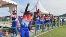 Para pemain Tim Criket putri Papua merayakan kemenangan atas Bali pada laga final cricket putri PON XX Papua 2021, Minggu, (26/09/2021). ( Foto : PON PAPUA XX PAPUA/Soleha )
