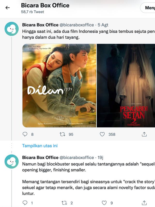 Ulasan Pengabdi Setan 2 dan Dilan 1991. (Foto: Dok. Twitter @bicaraboxoffice)