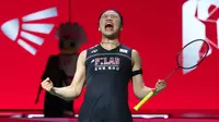 Tunggal putri Korea Selatan, An Se Young, saat merayakan kemenangan atas wakil Jepang, Akane Yamaguchi, pada final turnamen bulutangkis Indonesia Open 2026 di Istora Gelora Bung Karno, Senayan, Jakarta, Minggu (7/6/2026). (Bola.com/M Iqbal Ichsan)