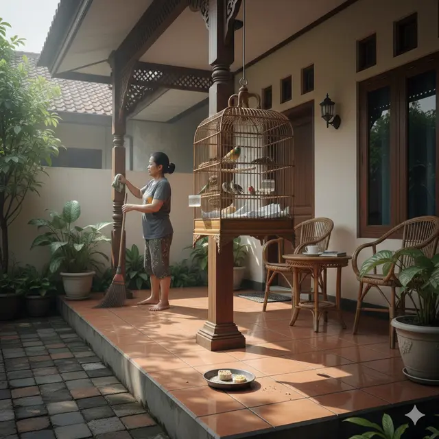 Solusi Teras Rumah Tetap Bersih Meski Ada Kandang Burung (Foto: Gemini AI)