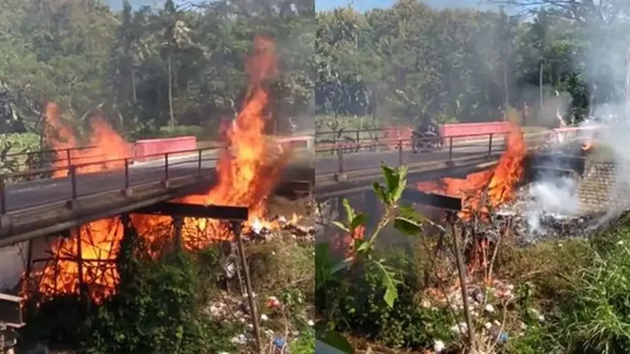 Dramatis, Seorang Pemotor Lewati Jembatan yang Terbakar dengan Santai