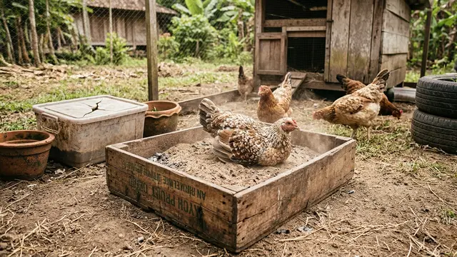 Tempat Mandi Debu Ayam dengan Peti atau Kotak Penyimpanan (AI Generated)