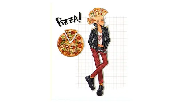 Kali ini ia menggambarkan pizza sebagai seorang cowok bergaya punk dengan pizza sebagai rambutnya.