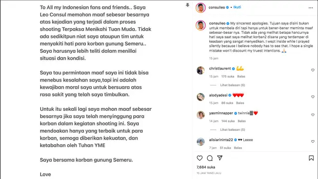 Selain Rebecca Tamara, Leo Consul Juga Sampaikan Permohonan Maaf Usai Syuting di Posko Pengungsian Semeru. (instagram.com/consulleo)