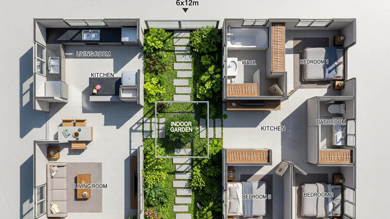 Denah Rumah 6x12 dengan Taman Dalam dan Dapur Terbuka
