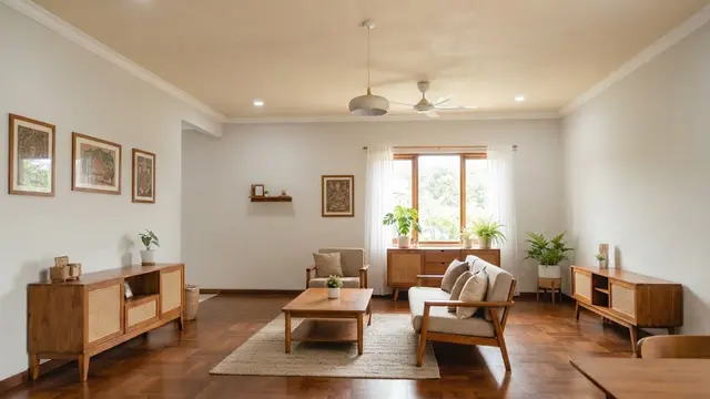 Ide warna plafon selain putih yang tetap membuat ruangan terlihat lapang model krem untuk ruangan dengan dinding warna netral