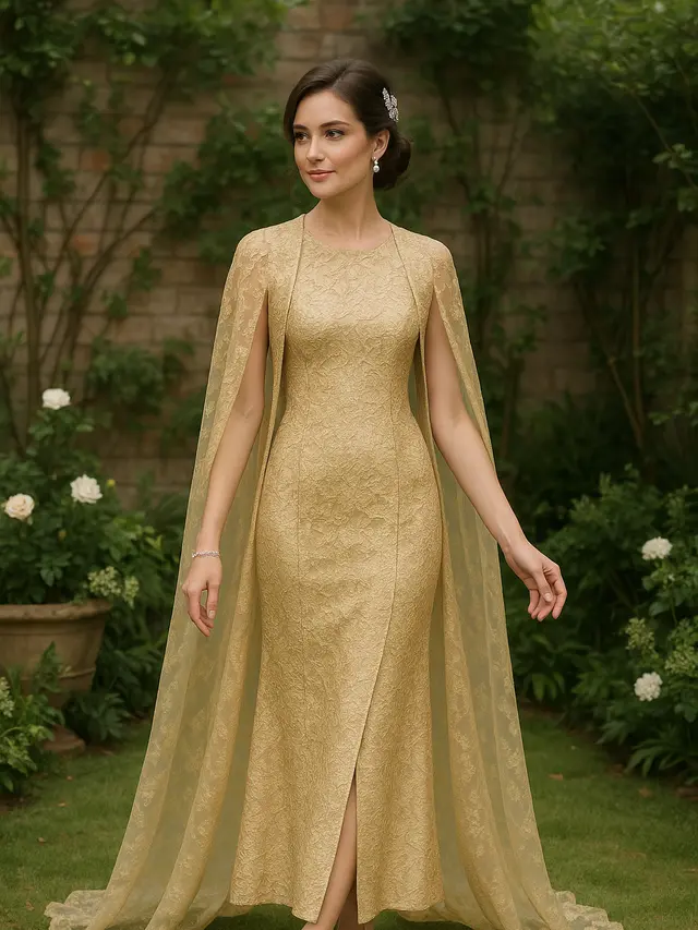 Model Long Dress Brokat Slim Fit dengan Outer Belah Tengah