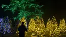 Seorang pengunjung melihat pajangan lampu Natal pada pertunjukan cahaya Holiday Road di Calabasas, California, Amerika Serikat, 10 Desember 2021. Holiday Road digelar sepenuhnya setelah pandemi COVID-19 mengubah festival cahaya tahunan ini menjadi acara drive-thru tahun lalu. (AP Photo/Jae C.Hong)