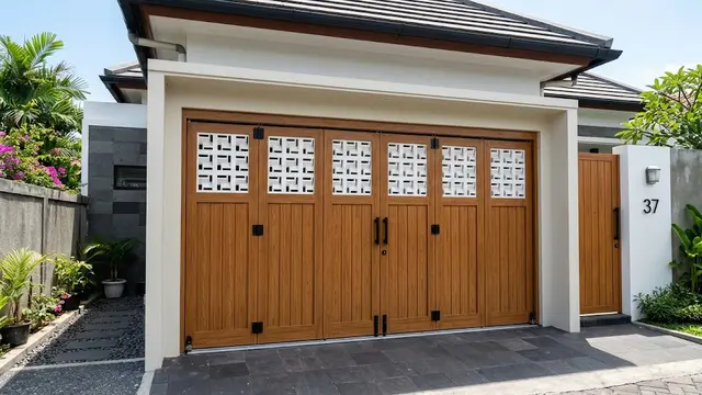 Pintu Garasi Lipat Motif Kayu dengan Roster Putih