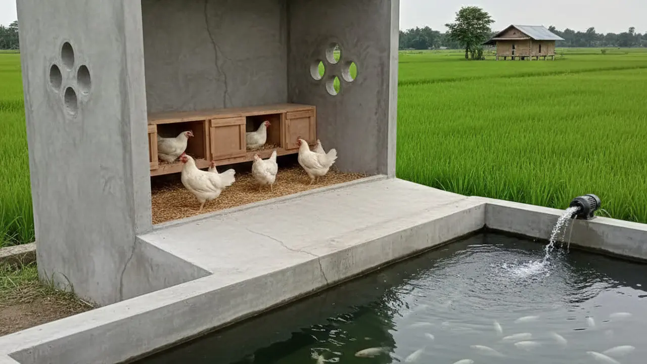 Desain Kandang Ayam di Atas Kolam, AI