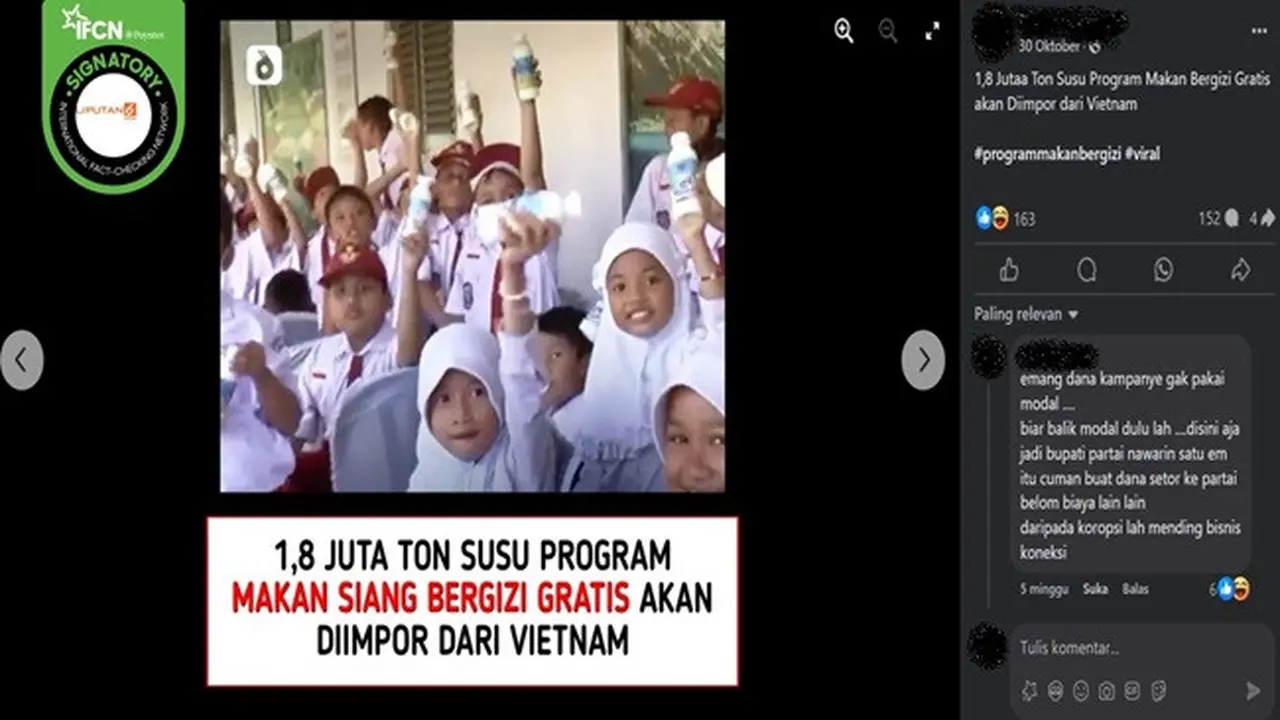 Gambar tangkapan layar kabar tentang Kementan akan mengimpor 1,8 juta ton susu dari Vietnam untuk program makan bergizi gratis. (sumber: Facebook)