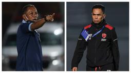 Dua pelatih interim, Ragil Sudirman (kiri) di kubu Persela Lamongan dan Syamsuddin Batola di kubu PSM Makassar saling berhadapan dalam laga pekan ke-15 BRI Liga 1 2021/2022 di Stadion Moch. Soebroto, Magelang, Kamis (02/12/2021). (Bola.com/Bagaskara Lazuardi).
