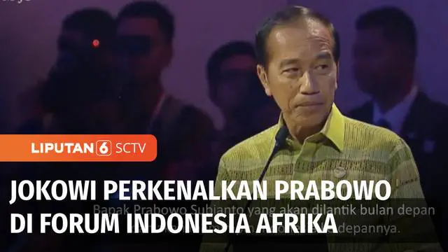 Presiden Joko Widodo menyambut pimpinan negara Afrika di acara gala dinner Indonesia-Africa Forum kedua. Di hadapan pemimpin negara Afrika yang hadir, Jokowi memperkenalkan Presiden terpilih Pemilu 2024, Prabowo Subianto.