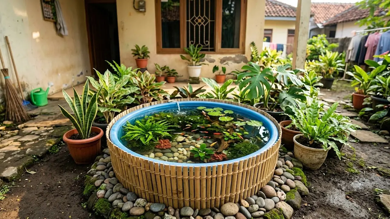 Inspirasi Kolam Mini dari Baskom Bekas di Belakang Rumah