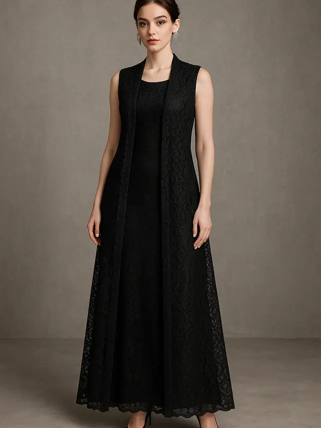 Model Long Dress Brokat Kombinasi Outer Panjang Tanpa Lengan