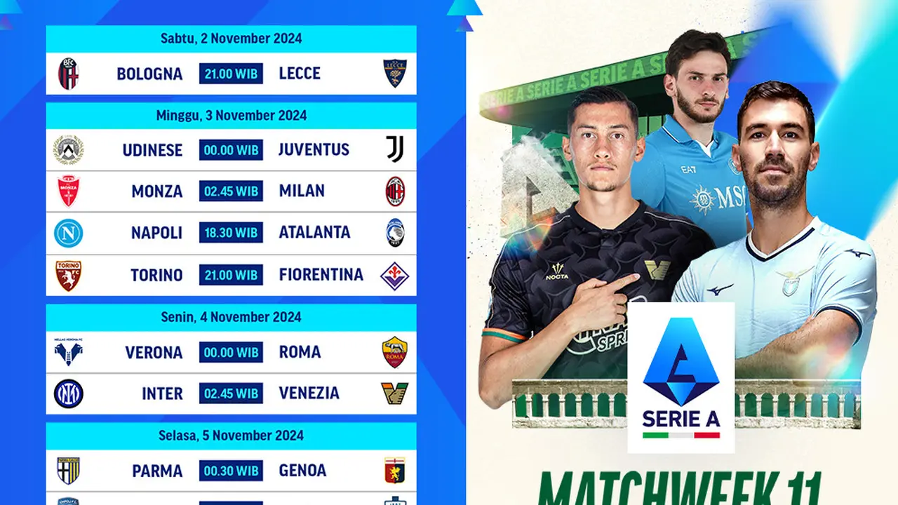 Jadwal Serie A 2024/25 Matchweek 11 di Vidio