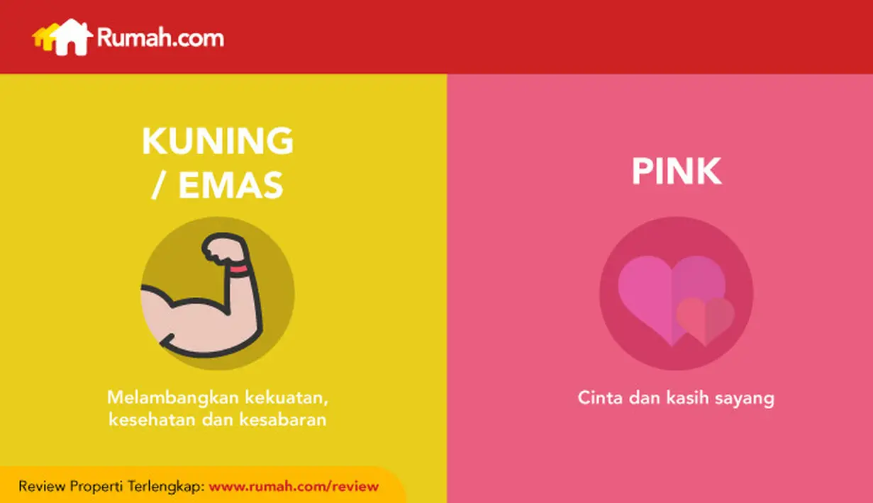 Kuning sebagai simbol kekuatan, menstimulasi kesehatan, kesabaran, dan kebijakan. Sedangkan pink mewakili cinta, romansa, dan pasangan hidup.