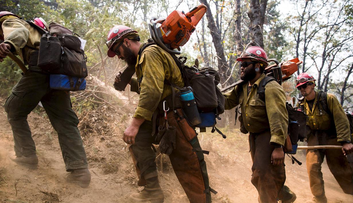 Petugas tampak menyusuri lokasi kebakaran di kawasan Hutan Nasional Sierra di California, AS, Jumat (21/8/2015). kemarau terburuk yang melanda California, mengakibatkan kebakaran hutan yang meluas di kawasan Hutan Nasional Sierra. (REUTERS/Max Whittaker)