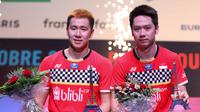 Kevin Sanjaya/Marcus Gideon berhasil menjuarai Prancis Terbuka 2019, setelah meraih kemenangan 21-18, 21-16 atas Satwiksairaj Rankireddy/Chirag Shetty dalam laga final di Stade Pierre de Coubertin, Paris, Minggu (27/10/2019) dini hari WIB. (dok. PBSI)