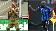 Foto kolase saat pemain AC Milan, Theo Hernandez (kiri), merayakan golnya ke gawang Lazio dan selebrasi pemain Inter Milan, Romelu Lukaku (kanan), setelah menjebol gawang AS Roma dalam pertandingan lanjutan pekan ke-34 Serie A Liga Italia 2022/2023, Sabtu (6/5/2023) malam WIB. (AP Photo/Luca Bruno, Andrew Medichini)