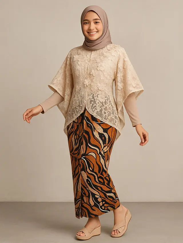 Model Kebaya Brokat Lengan Kelelawar Kombinasi Batik 2025 yang Elegan/Ilustrasi AI