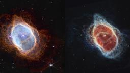 Kombinasi gambar yang dirilis oleh NASA pada 12 Juli 2022, menunjukkan perbandingan pengamatan Nebula Cincin Selatan secara berdampingan dalam cahaya inframerah-dekat (kiri), dan cahaya inframerah-tengah (kanan) dari Teleskop Webb. (NASA, ESA, CSA, and STScI via AP)