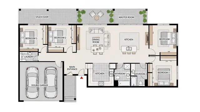 Denah Rumah 7x12 dengan 3 Kamar dan Ruang Makan Menyatu (Image by Gemini AI)
