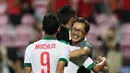 Ekspresi kegembiraan pelatih Indonesia U-23, Aji Santoso, setelah Indonesia U-23 memastikan kemenangan. (Bola.com/Arief Bagus)