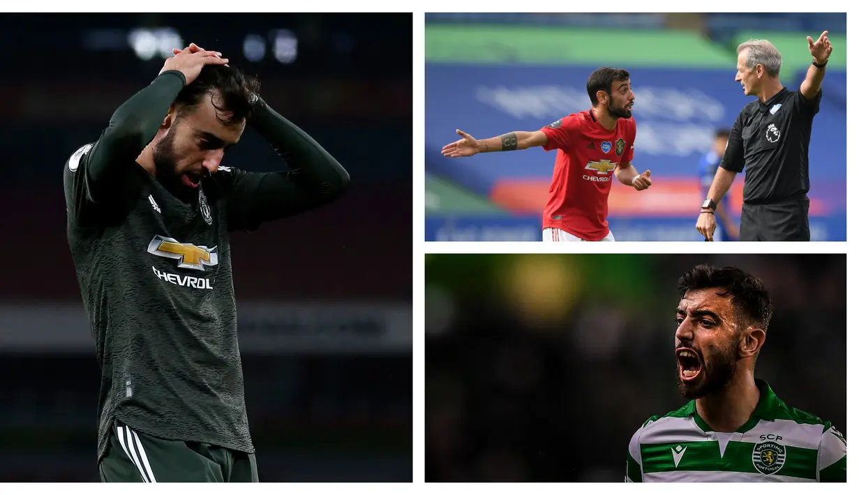 kumpulan beberapa foto ekspresi kesal dan kekecewaan pemain Manchester United, Bruno Fernandes. (Foto: AFP)