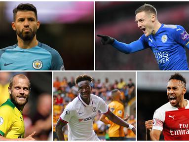 Tiga gol yang dicetak Jamie Vardy saat melawan Southampton membuatnya melesat ke posisi pertama sebagai pencetak gol terbanyak Premier League 2019. Berikut ini para top scorer sementara di Liga Inggris. (Foto Kolase AP, AFP dan EPA)
