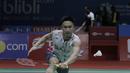 Tunggal putra Jepang, Kento Momota, saat melawan wakil Indonesia, Anthony Sinisuka Ginting, pada Indonesia Open di Istora Senayan, Kamis, (5/7/2018). Anthony Ginting takluk 14-21, 15-21. (Bola.com/M Iqbal Ichsan)