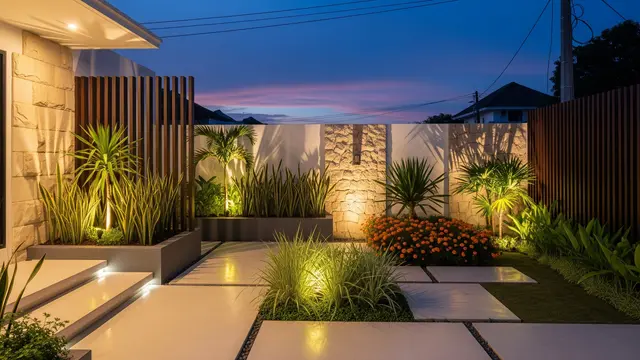 Model Taman Depan Rumah dengan Lampu Sorot Estetik dan Anti Ular/ Ilustrasi AI