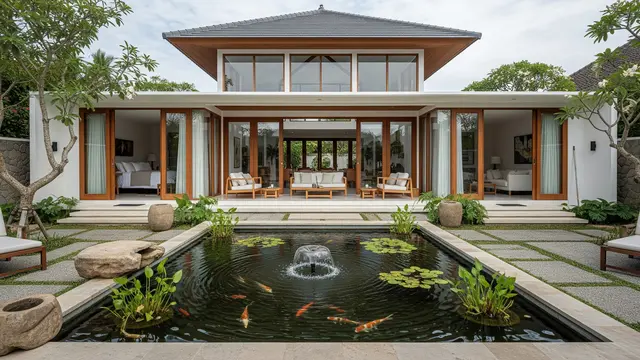 Desain Rumah Desa dengan Kolam Ikan Depan Teras