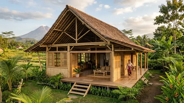 Desain Rumah Desa Atap Tinggi agar Udara Terasa Lebih Dingin (AI Generated)