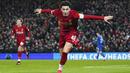 Pemain Liverpool, Curtis Jones, merayakan kemenangan atas Shrewsbury Town pada laga Piala FA di Stadion Anfield pada Rabu (5/2/2020). Pasukan muda Liverpool menang tipis 1-0 atas Shrewsbury Town. (AP/Jon Super)