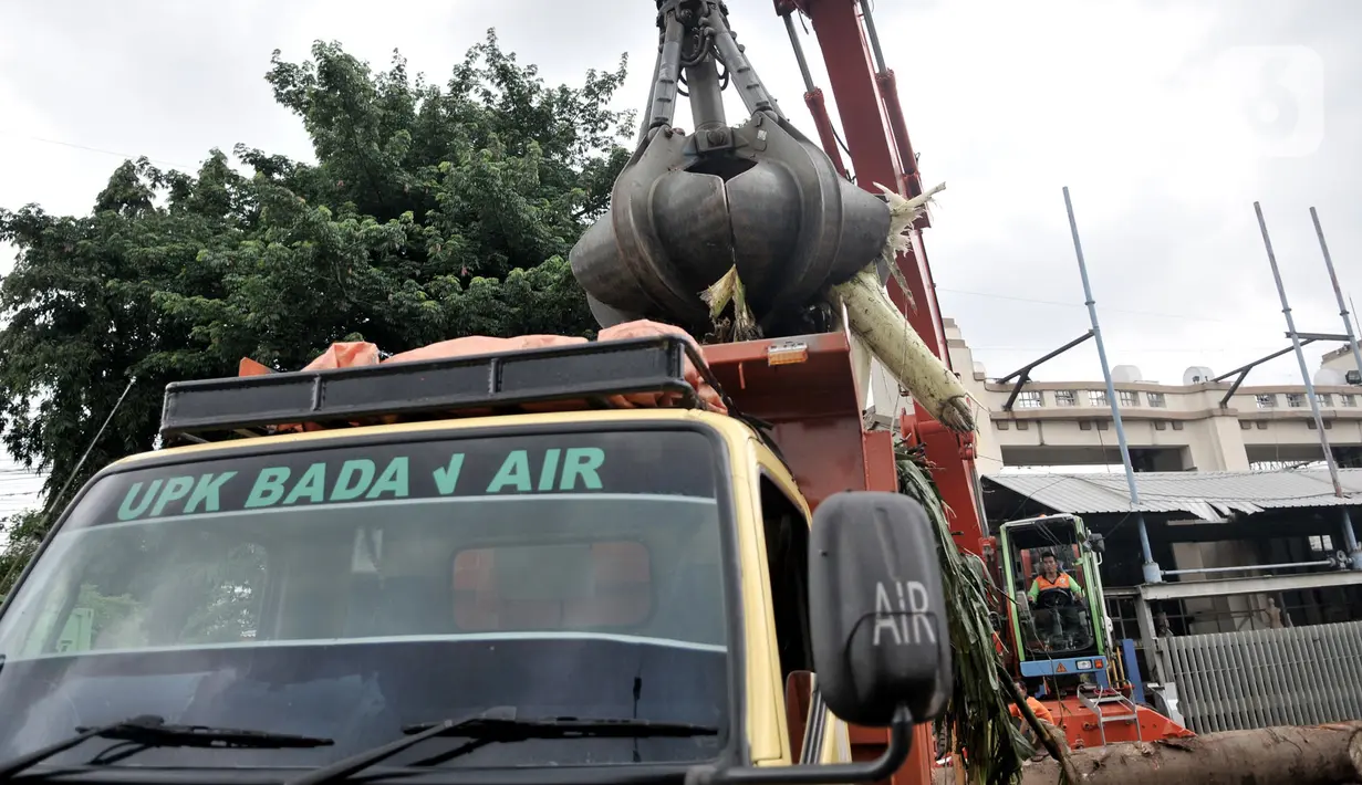 Petugas menggunakan alat berat saat mengangkut tumpukan sampah kiriman di Pintu Air Manggarai, Jakarta, Minggu (29/12/2019). Volume sampah di Pintu Air Manggarai mencapai 84 meter kubik atau setara tujuh truk. (merdeka.com/Iqbal Nugroho)