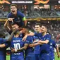 Selebrasi para pemain Chelsea setelah mencetk gol ke gawang Arsenal pada final Liga Europa 2018-2019, Kamis (30/5/2019) dini hari WIB. Chelsea menjadi jawara setelah unggul 4-1.  (AFP / Ozan Kose)