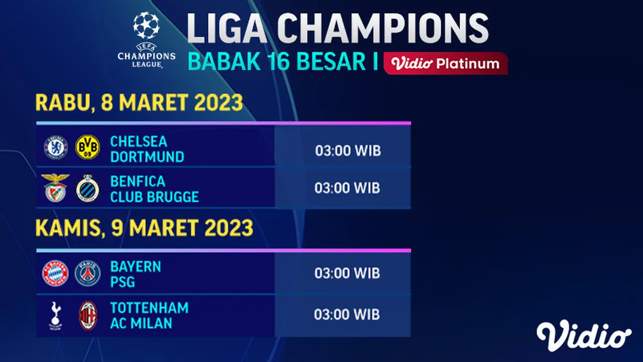 Jadwal Liga Champions 16 Besar Putaran Kedua Live Vidio 8 hingga 9 Maret 2023