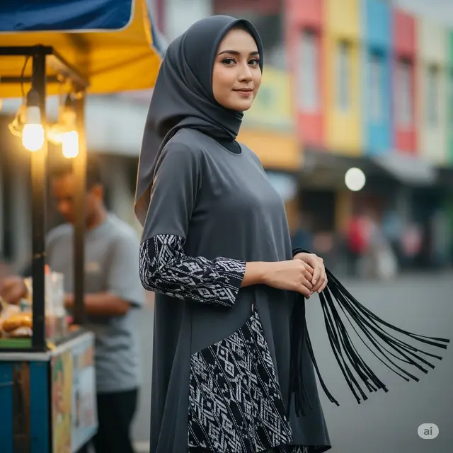 Model Gamis Tenun Kombinasi Polos. Foto: Gemini