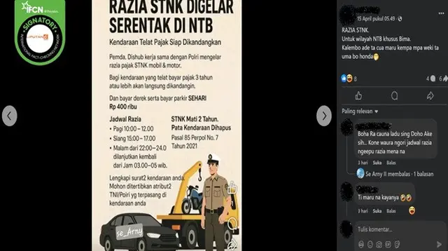 Gambar tangkapan layar poster berisi informasi razia pajak STNK di wilayah Nusa Tenggara Barat (NTB). (sumber: Facebook)