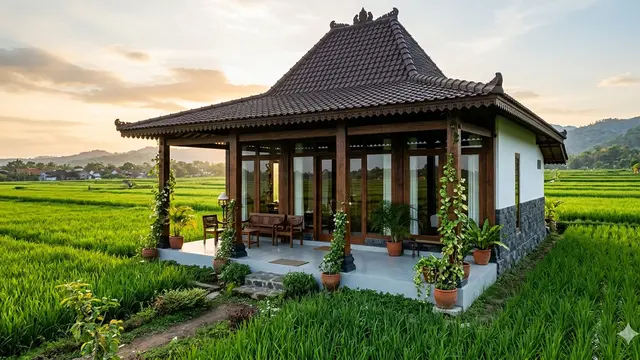 Desain Rumah Desa Atap Tinggi Agar Udara Terasa Lebih Dingin. AI