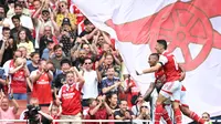 Striker Arsenal, Gabriel Jesus merayakan gol ke gawang Sevilla pada pertandingan final Emirates Cup 2022 yang dilangsungkan di Emirates Stadium, London, pada Sabtu, (30/7/2022) malam WIB. (AFP/Justin Tallis)