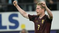 Gelandang Belgia #07, Kevin de Bruyne, merayakan gol kelima timnya dalam laga kualifikasi Grup J putaran pertama Piala Dunia 2026 antara Belgia dan Kazakhstan di Stadion Lotto Park, Anderlecht, Brussels, pada 7 September 2025. (NICOLAS TUCAT/AFP)