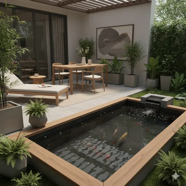 Kolam Ikan Mini Kayu di Teras Rumah